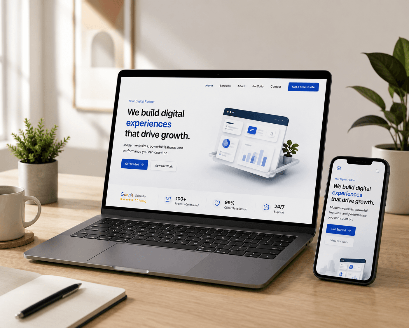 Responsive website mockup on MacBook laptop and iPhone